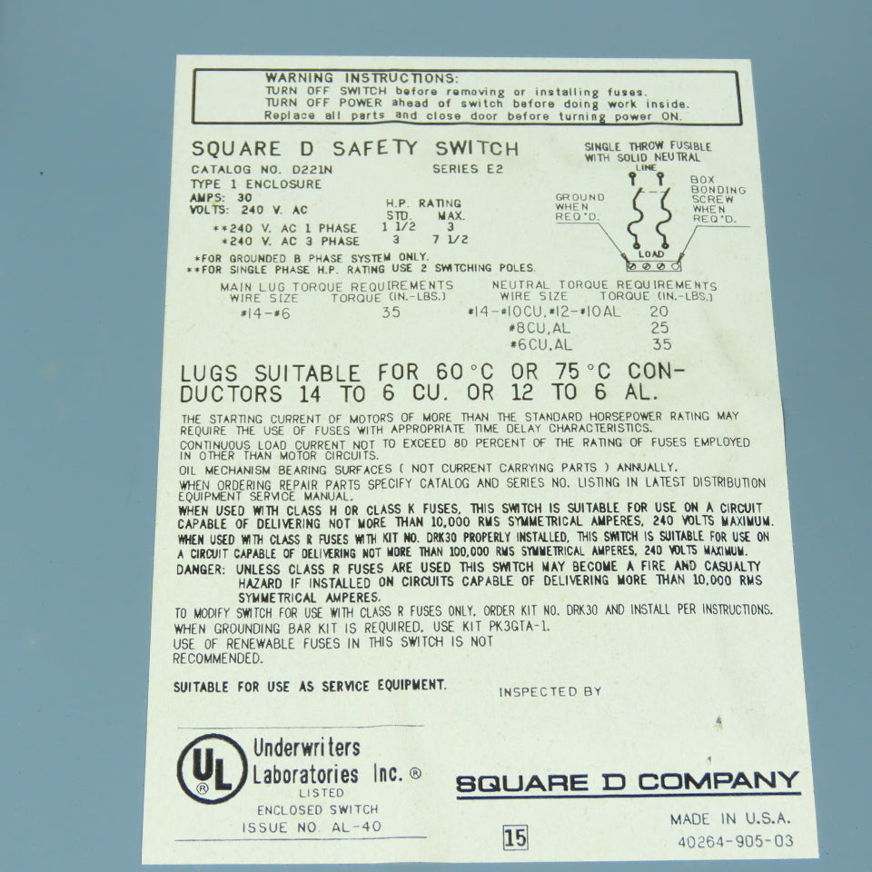 Square D D221N 30A, 2 Pole Fusible Safety Disconnect Switch 240V