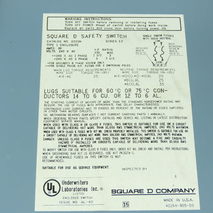 Square D D221N 30A, 2 Pole Fusible Safety Disconnect Switch 240V