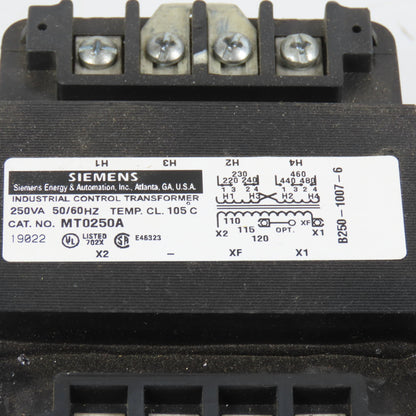 Siemens MT0250A 250VA Control Transformer Pri 220-480V Sec 110-120V 50/60HZ