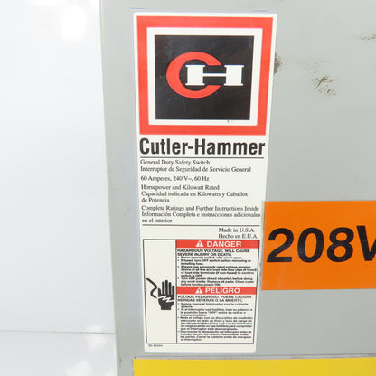Cutler Hammer DG322NGB 3-Pole Fusible Safety Disconnect Switch 60A 240V Type 1