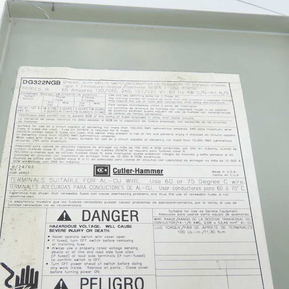Cutler Hammer DG322NGB 3-Pole Fusible Safety Disconnect Switch 60A 240V Type 1