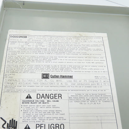 Cutler Hammer DG322NGB 3-Pole Fusible Safety Disconnect Switch 60A 240V Type 1
