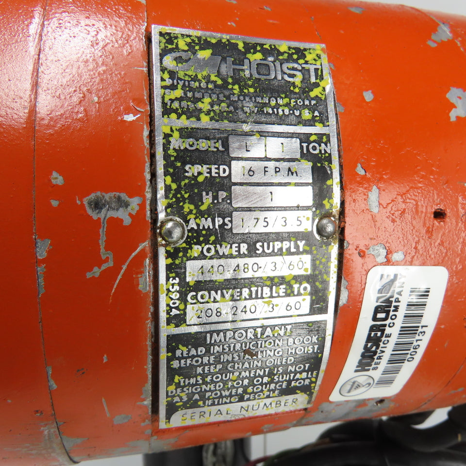 CM Lodestar Model L 1Ton 2000LB Electric Chain Hoist 20' Lift 16FPM 3Ph 230/460V