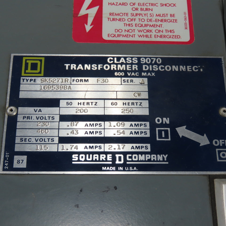 Square D SK5271R Transformer Disconnect 230/460V Pri 115V Sec