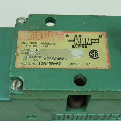 Numatics A23SA4000S Solenoid Valve 150PSIG (No Coil) W/ Manifold Block