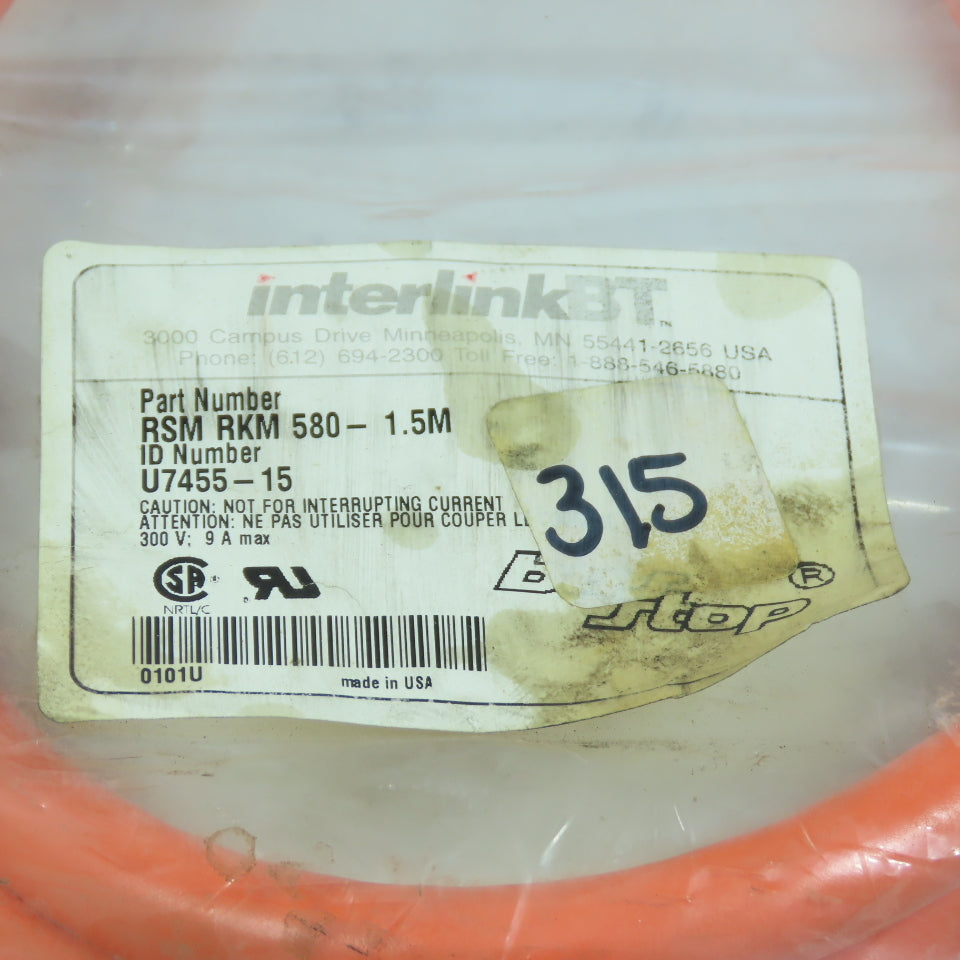 Interlink BT U7455-15 RSM RKM 580 Cable Assembly 300V 1.5M