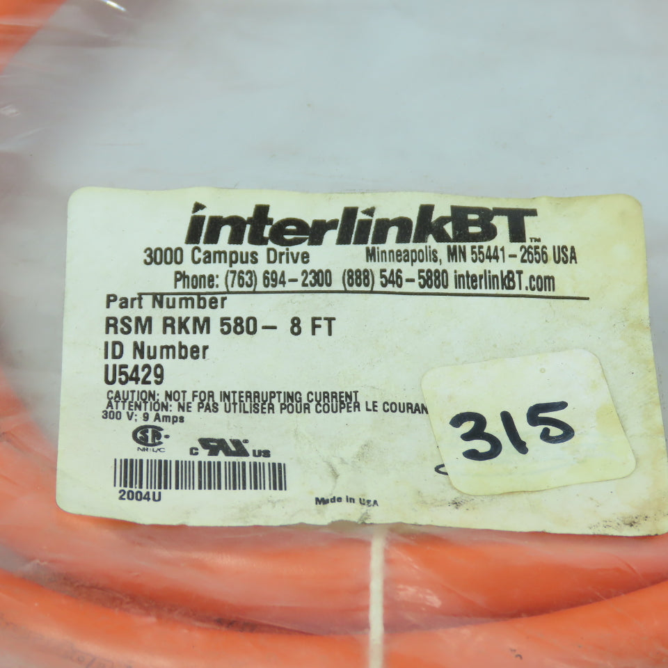 Interlink BT U5429 RSM RKM 580 Cable Assembly 300V 8' Long