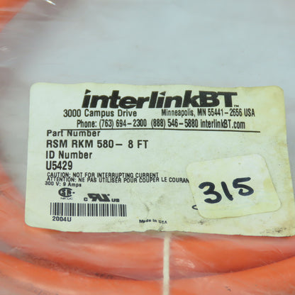 Interlink BT U5429 RSM RKM 580 Cable Assembly 300V 8' Long