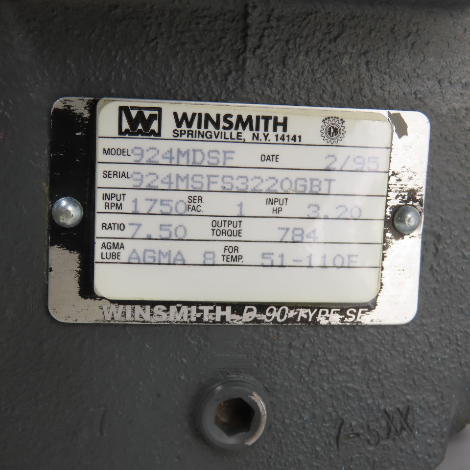 Winsmith 924MDSF 7.50 Ratio Gear Reducer 233RPM Output 784 IN-LB 3.20HP
