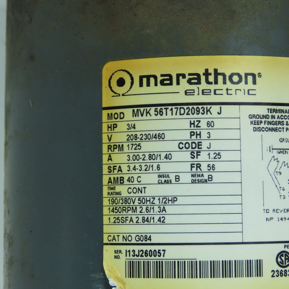 Marathon MVK 56T17D2093K J 3/4 HP Electric Motor 208-230/460V 1725 RPM 56 Fr.
