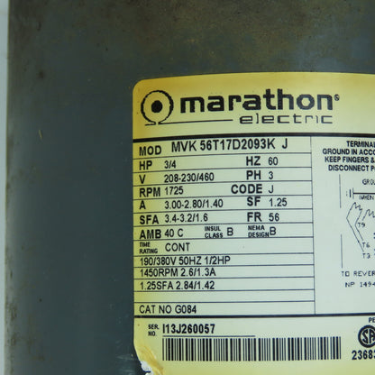 Marathon MVK 56T17D2093K J 3/4 HP Electric Motor 208-230/460V 1725 RPM 56 Fr.