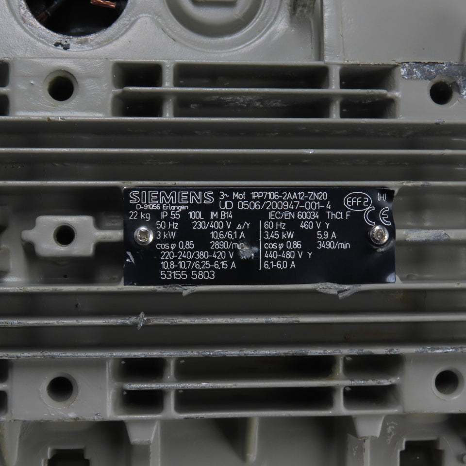 Siemens 1PP7106-2AA12-ZN20 3.45KW Electric Motor 230/460V 3Ph 3490RPM