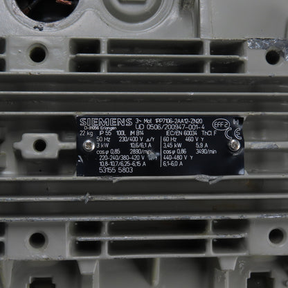 Siemens 1PP7106-2AA12-ZN20 3.45KW Electric Motor 230/460V 3Ph 3490RPM