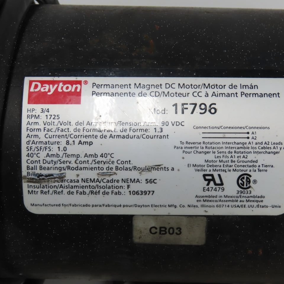 Dayton 1F796 3/4HP Permanent Magnet Electric DC Motor 90VDC 1725RPM Tested
