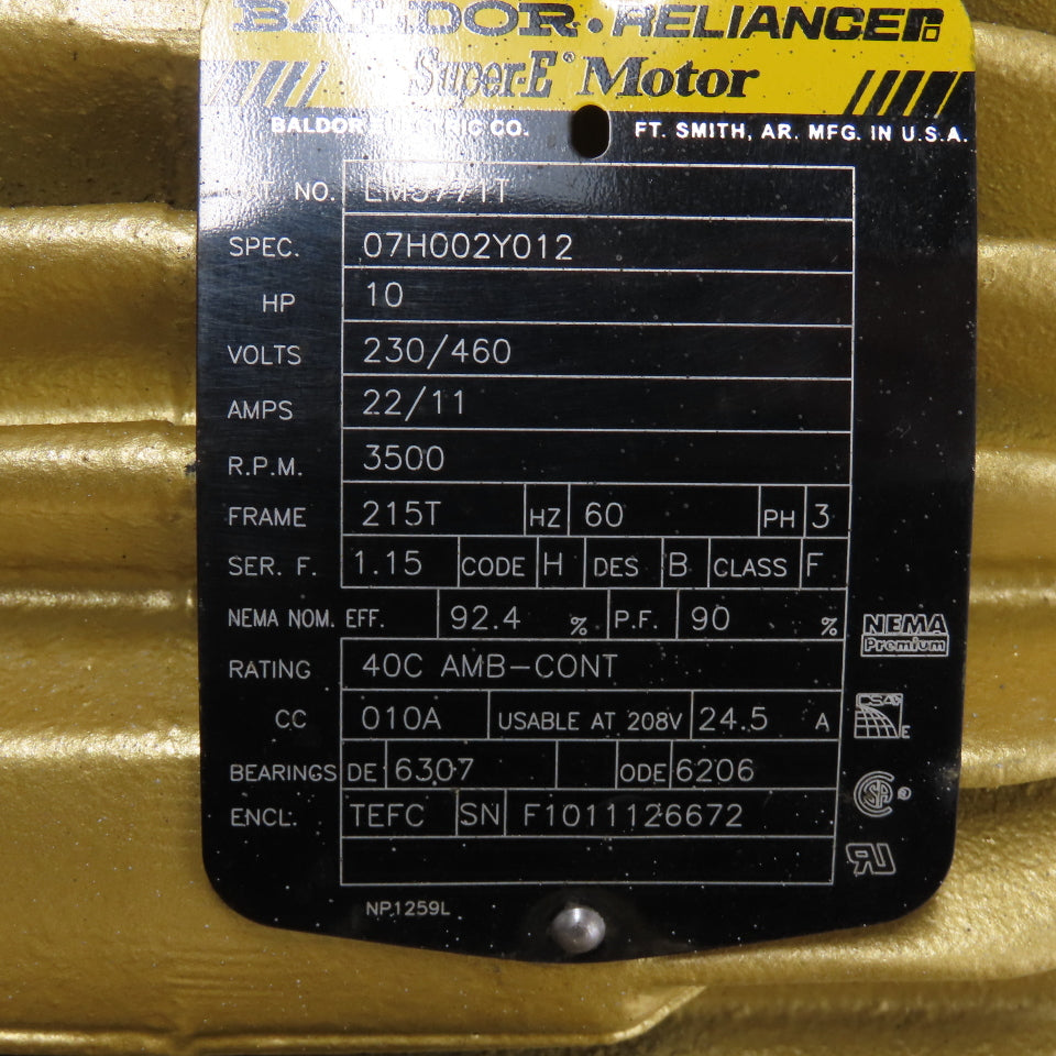 Baldor EM3771T 10HP AC Electric Motor 230/460V 3Ph 3500RPM 215T Frame Tested