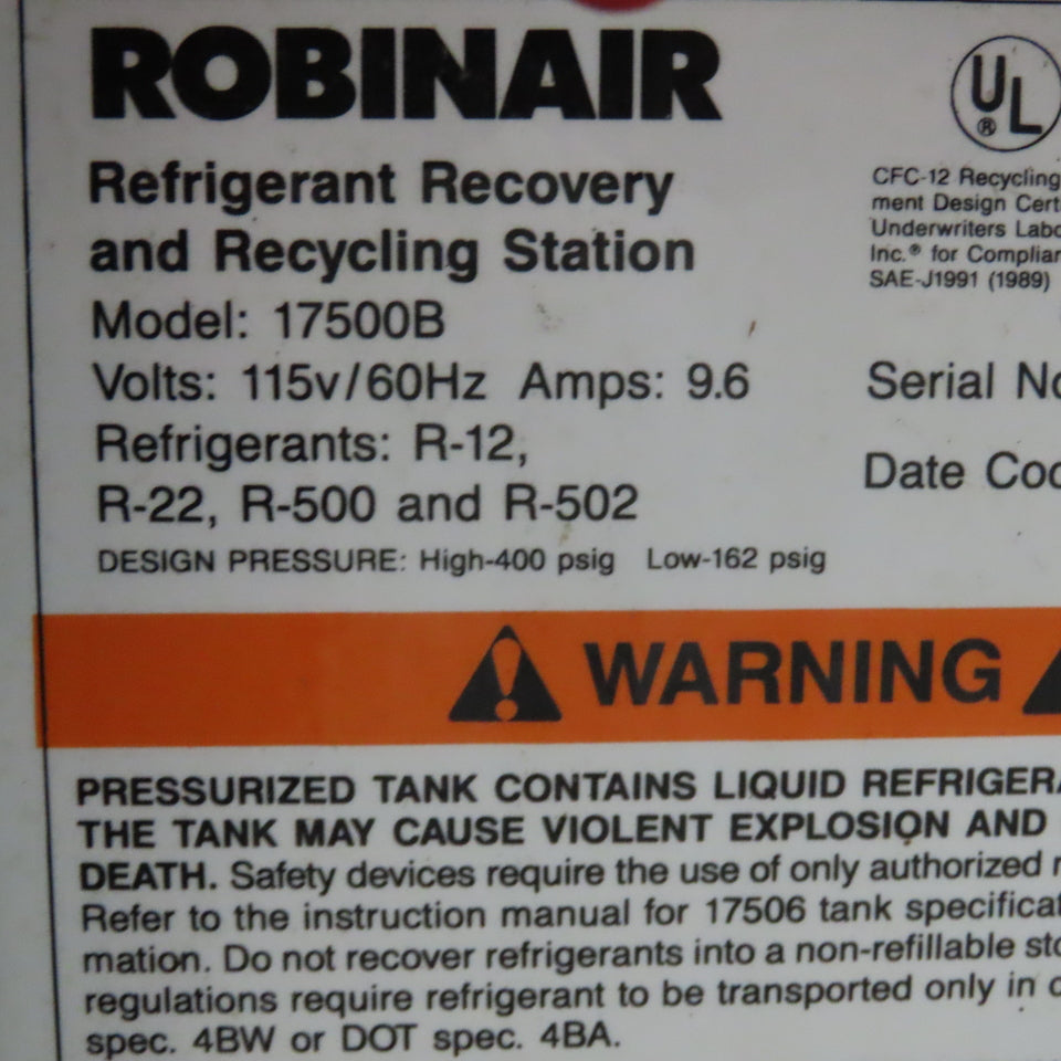 Robinair 17500B Refrigerant Recovery And Recycling Station 115V Parts/Repair