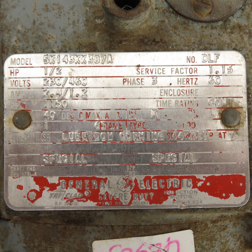 General Electric 5K143KK387A 1/2HP Electric Motor 230/460V 1150 RPM 65 Frame