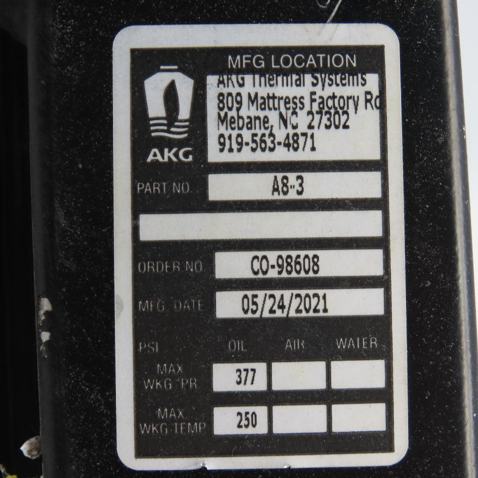 AKG A8-3 Forced Air Cooled Heat Exchanger 208/230V-460V 1/3HP 377PSI 250° Tested