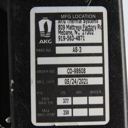 AKG A8-3 Forced Air Cooled Heat Exchanger 208/230V-460V 1/3HP 377PSI 250° Tested