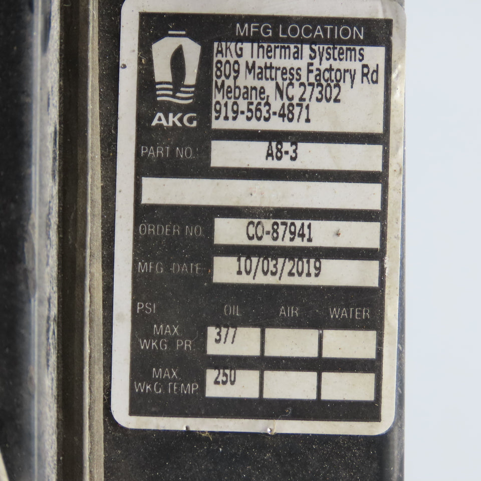 AKG A8-3 Forced Air Cooled Heat Exchanger 230V-460V .33HP 377PSI 250° Tested