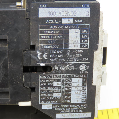 Allen Bradley 100-A09ND3 Contactor Relay 600V 7.5Hp Max 110/120V Coil