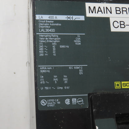 Square D LAL36400 3-Pole 400A Circuit Breaker 600VAC Max Type LAL (Clean)