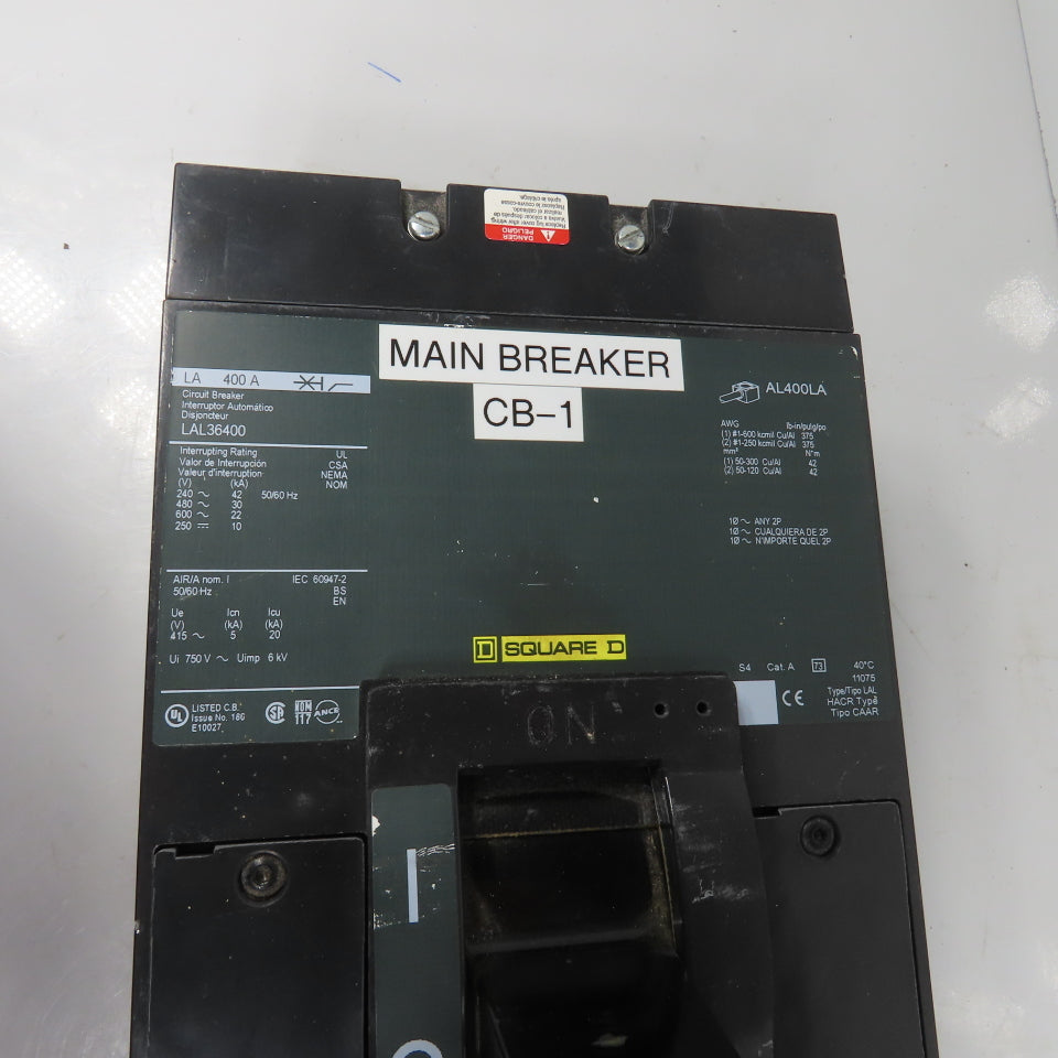 Square D LAL36400 3-Pole 400A Circuit Breaker 600VAC Max Type LAL (Clean)
