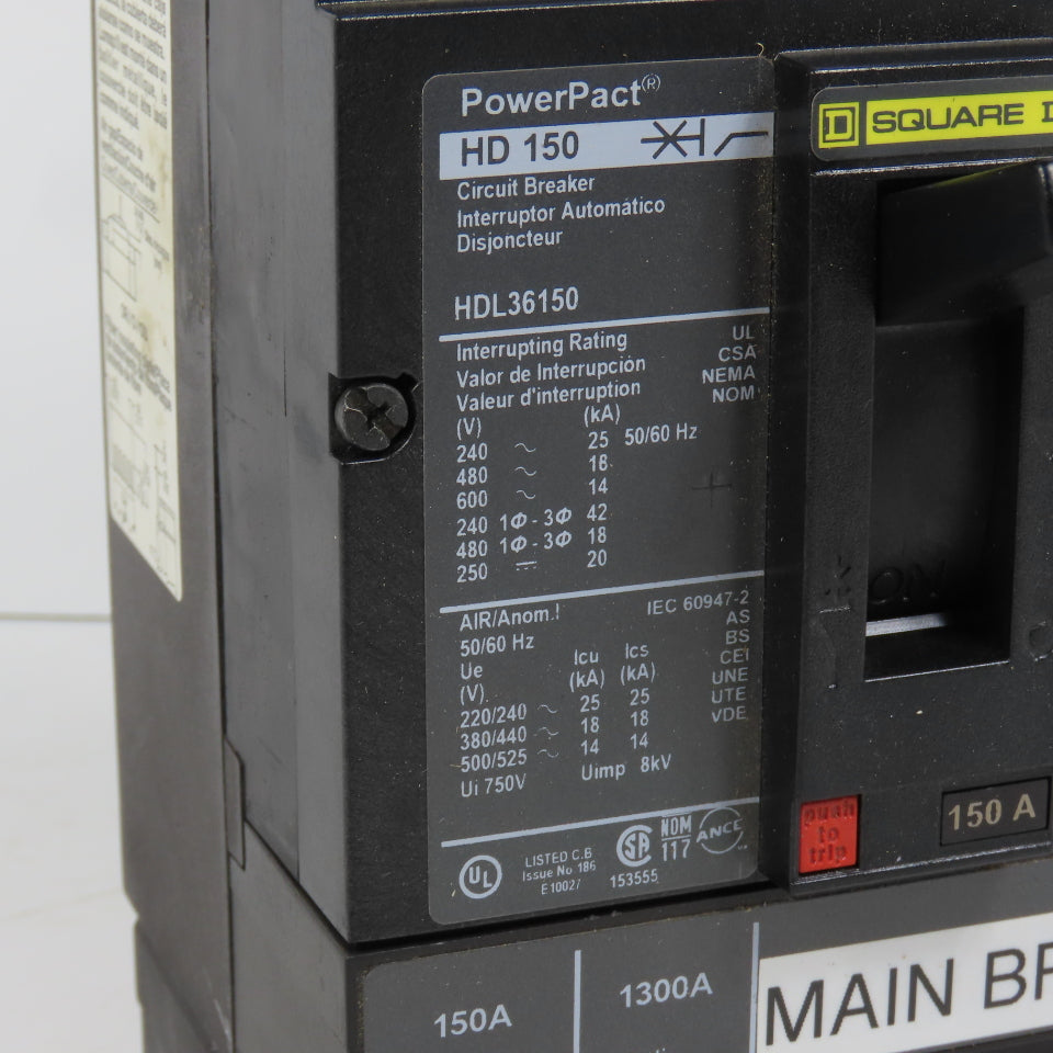 Square D HDL36150 PowerPact 3-Pole 150A Circuit Breaker 600VAC Max HD 150
