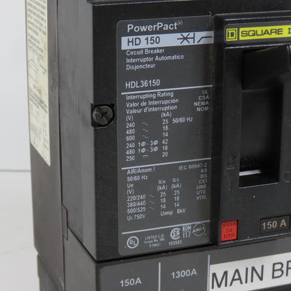 Square D HDL36150 PowerPact 3-Pole 150A Circuit Breaker 600VAC Max HD 150