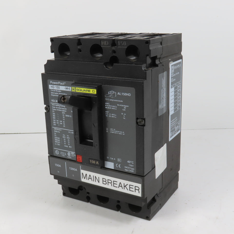 Square D HDL36150 PowerPact 3-Pole 150A Circuit Breaker 600VAC Max HD 150