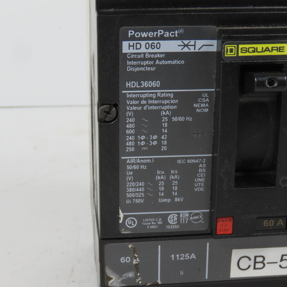 Square D HDL36060 PowerPact 3-Pole 60A Circuit Breaker 600VAC Max HD 060 (Clean)