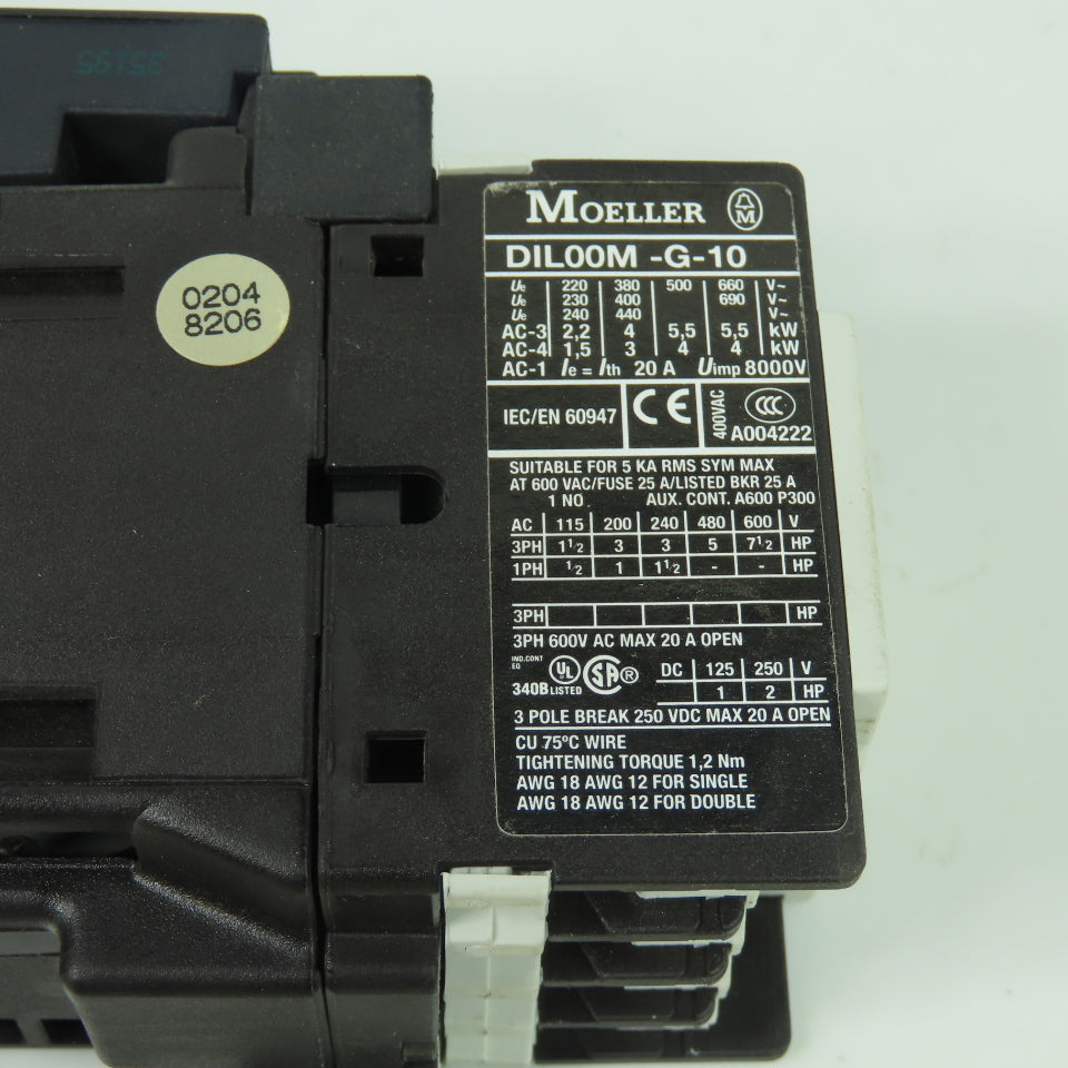 Moeller DIL00M-G-10 600VAC 20A Contactor 24V Coil