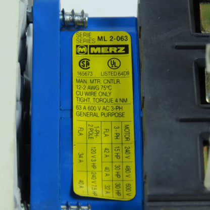 Merz ML 2-063 63A Manual Motor Controller Selector Switch 600V 3Ph