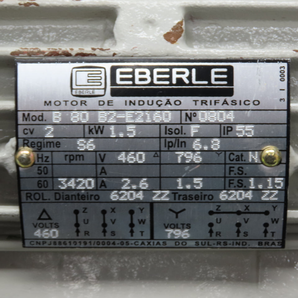 Eberle B 80 B2-E2160 2CV 1.5kW Electric Motor 460V/796V 3420RPM Tested