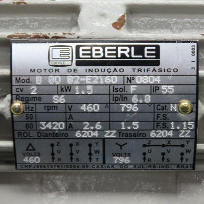 Eberle B 80 B2-E2160 2CV 1.5kW Electric Motor 460V/796V 3420RPM Tested