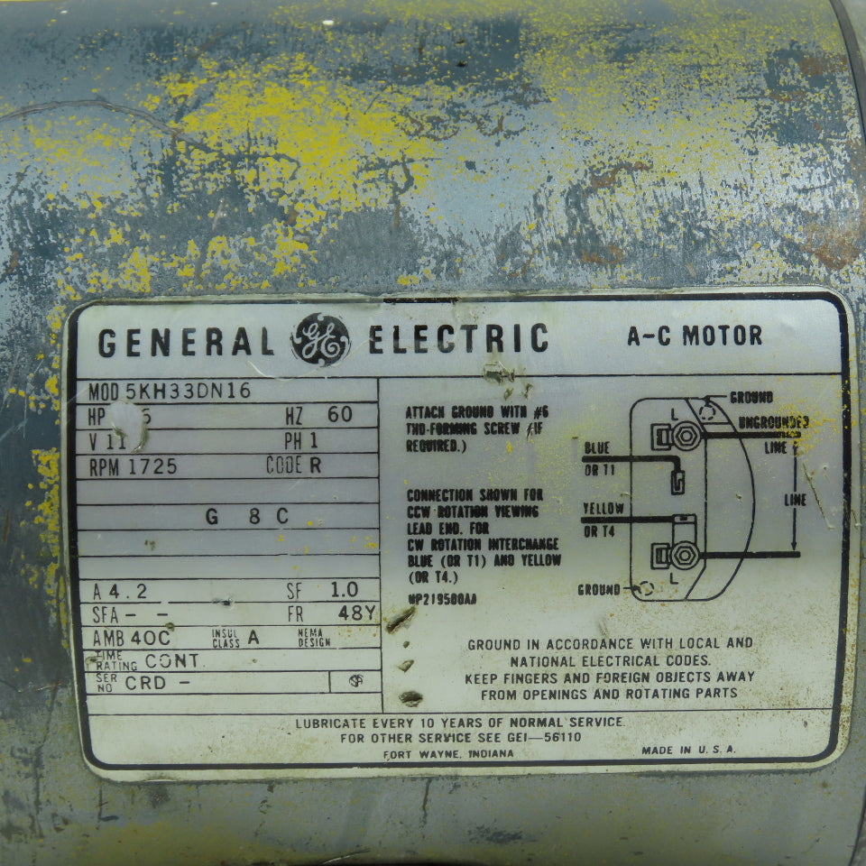General Electric 5KH33DN16 1/3HP Electric Motor 115V 1Ph 1725RPM 48Y Tested