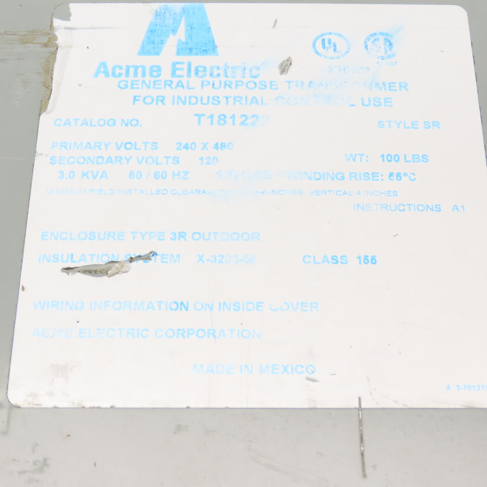 Acme Electric T181220 3.0KVA General Purpose Transformer 240x480V to 120V 1PH