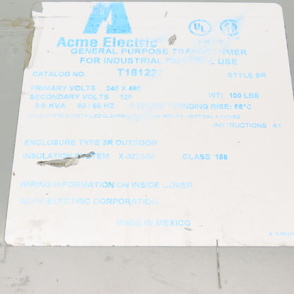 Acme Electric T181220 3.0KVA General Purpose Transformer 240x480V to 120V 1PH