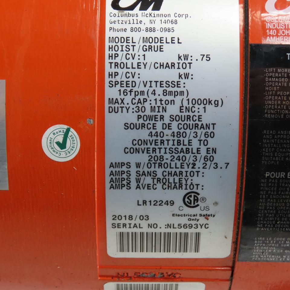 CM Lodestar Model L 1 Ton Electric Chain Hoist 440-480V 3Ph 15' Lift 16FPM
