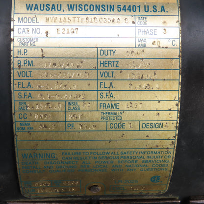 Marathon E2107 NVF145TTFR16035AA 2HP Electric Motor 208-230/460V 1705RPM 145T