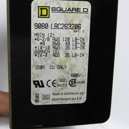 Square D 9080 LBC263206 Power Distribution Block #6-2/0 Line (2) #14-2 Load (6)