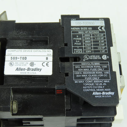 Allen-Bradley 500-T0D930 509-TOD NEMA Size 00 Motor Starter W/ Overload W29