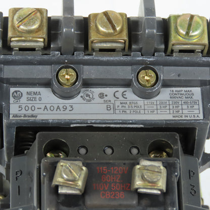 Allen-Bradley 500-A0A93 NEMA Size 0 Motor Starter 115-120V Coil 3HP