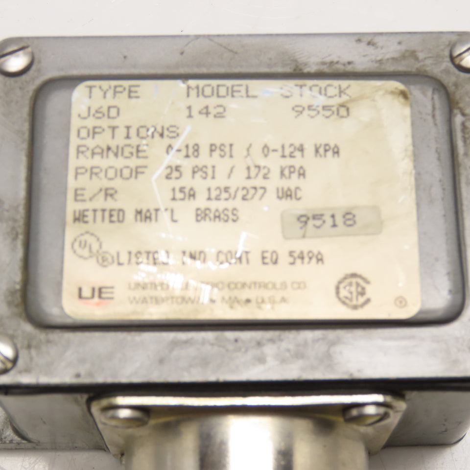 United Electric J6D 142 9550 0-18PSI Pressure Switch 1/4" NPT 125/277VAC