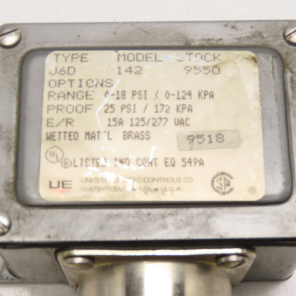 United Electric J6D 142 9550 0-18PSI Pressure Switch 1/4" NPT 125/277VAC