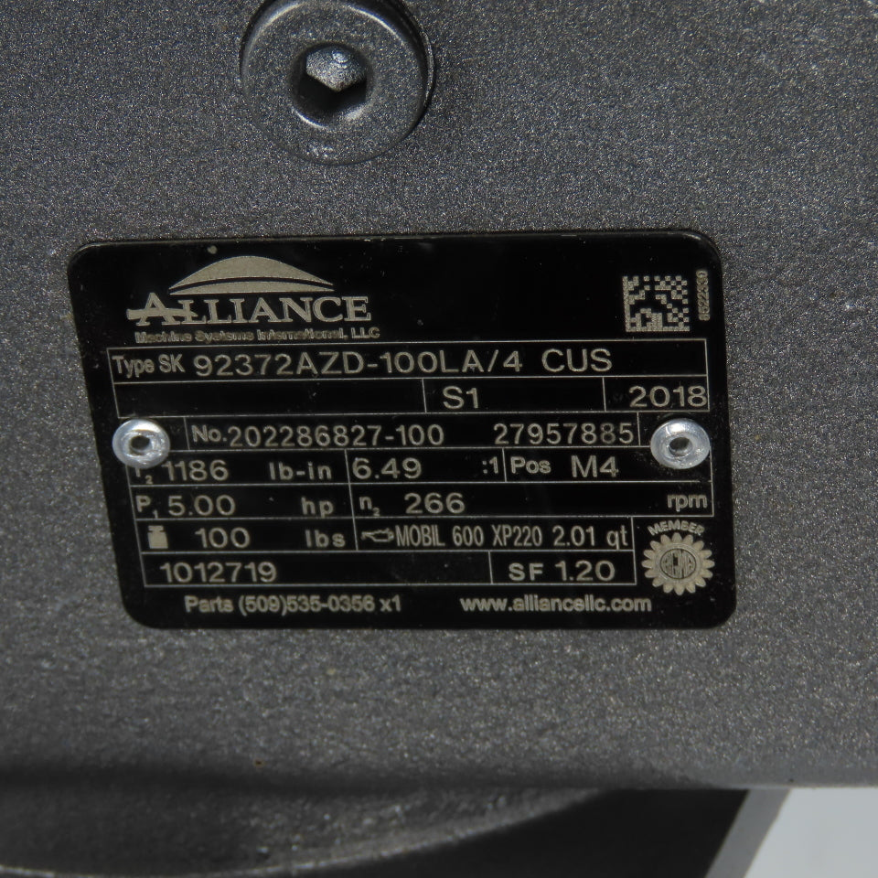 Alliance SK 92372AZD-100LA/4 6.49:1 Ratio Gear Motor265RPM out 5HP 1186in-lb