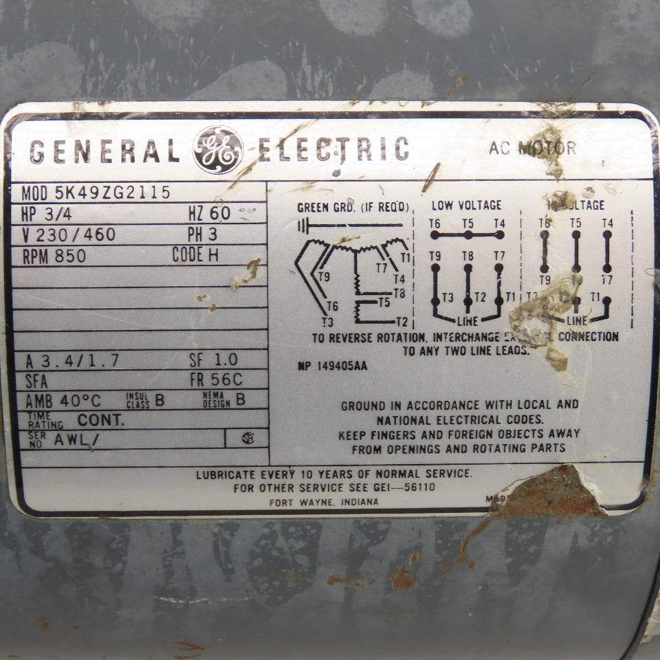 GE 5K49ZG2115 3/4HP Electric Motor 230/460V 3Ph 850RPM 56C Fr Tested