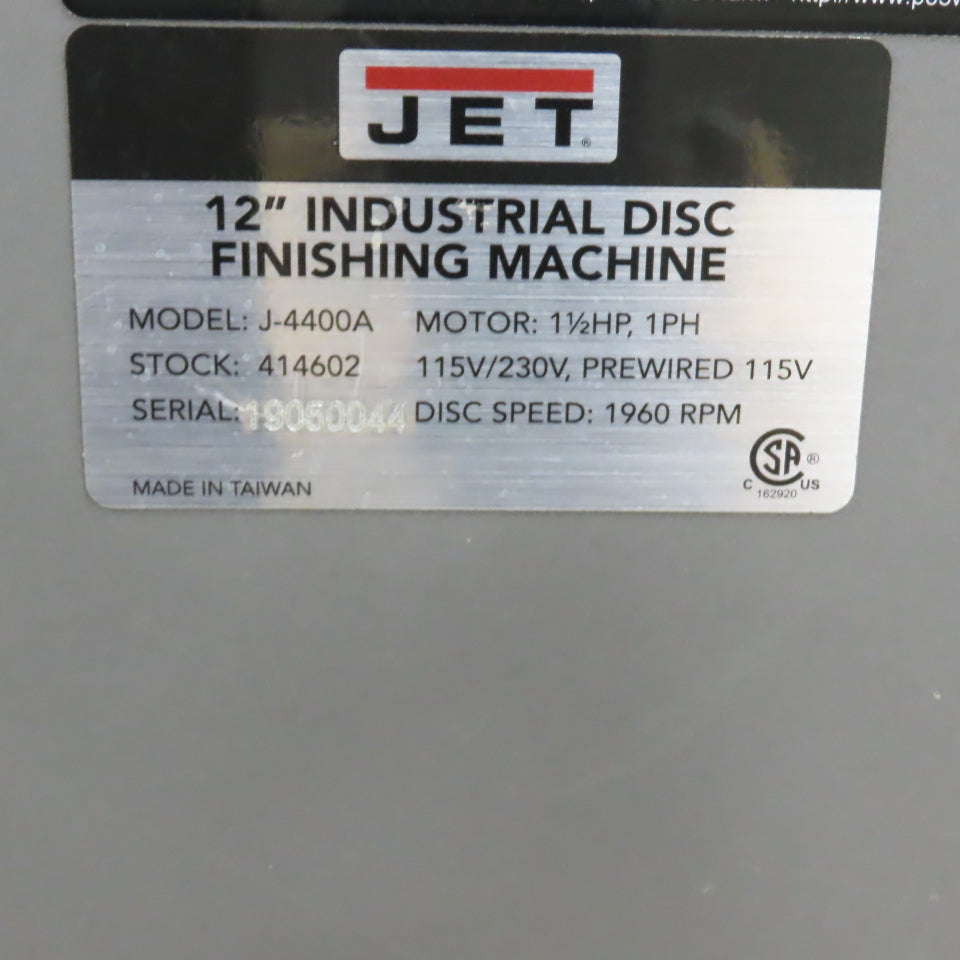 Jet J-4400A 12" Industrial Disc Finishing Machine 1.5HP 115/230V 1PH 1960RPM