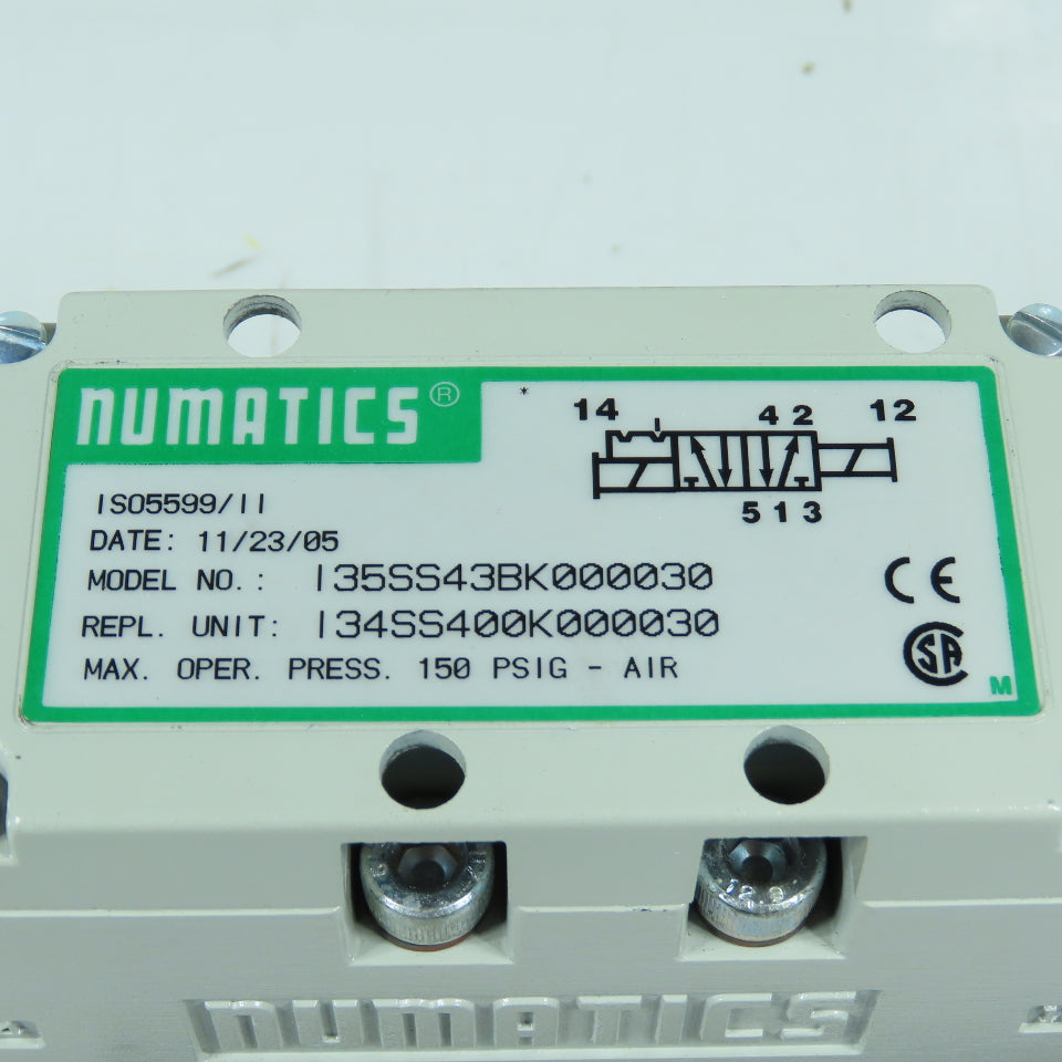 Numatics I35SS43BK000030 Pneumatic Solenoid Valve 150PSIG 100-120V