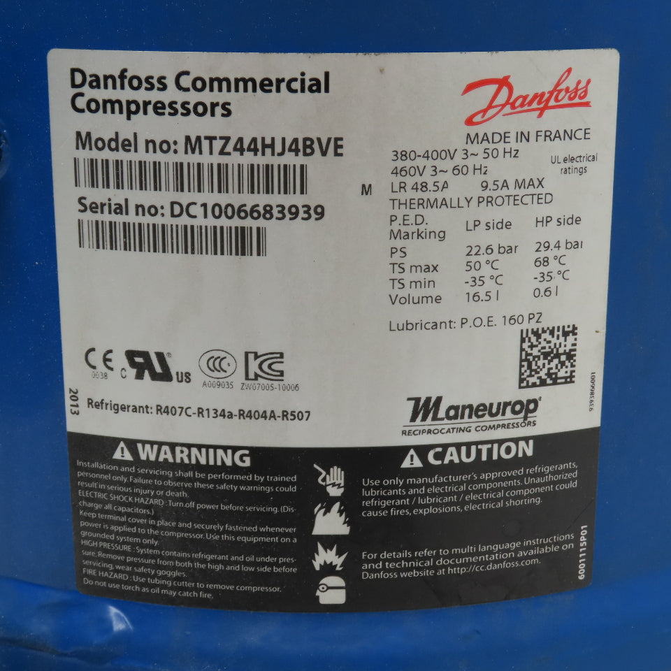 Danfoss MTZ44HJ4BVE Reciprocating Compressor 380-460V 3Ph Tested